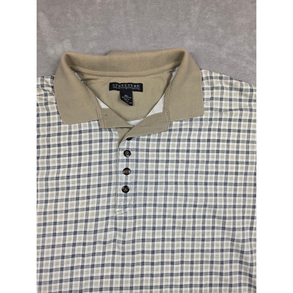 Vintage Structure Polo Shirt Mens XL Beige Plaid Short Sleeve Cotton Casual
